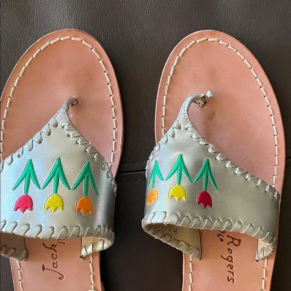 Jack Rogers Silver Slide Sandals with Colorful Embroidery - Picture 2 of 7